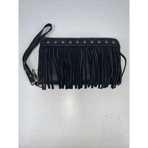 Unmarked Black Fringe Clutch Zip Close Wrist Strap